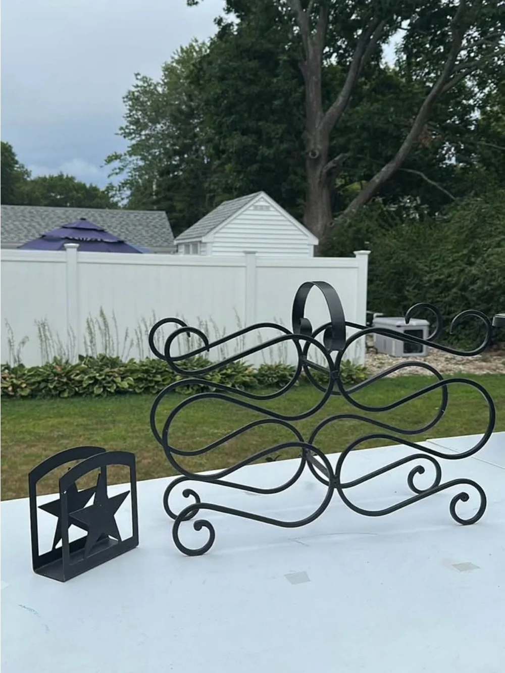 Wrought iron napkin holder and wine rack set